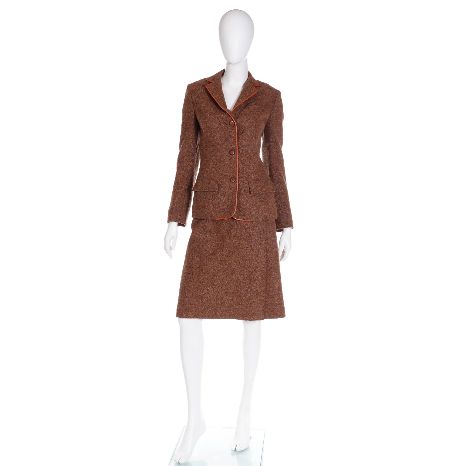 1970s Hermes Vintage Brown Tweed Jacket & Skirt Suit w Leather Trim