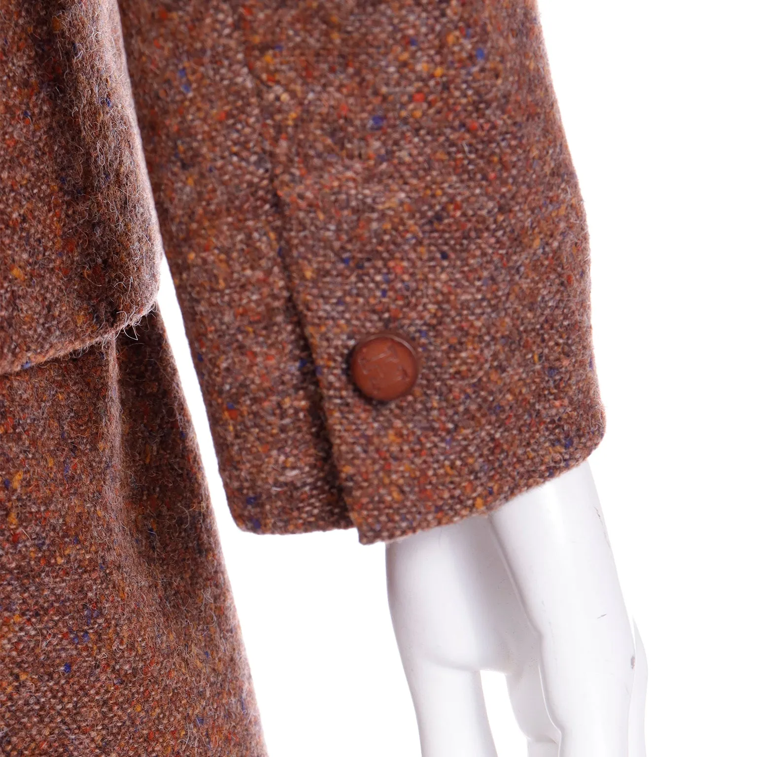 1970s Hermes Vintage Brown Tweed Jacket & Skirt Suit w Leather Trim