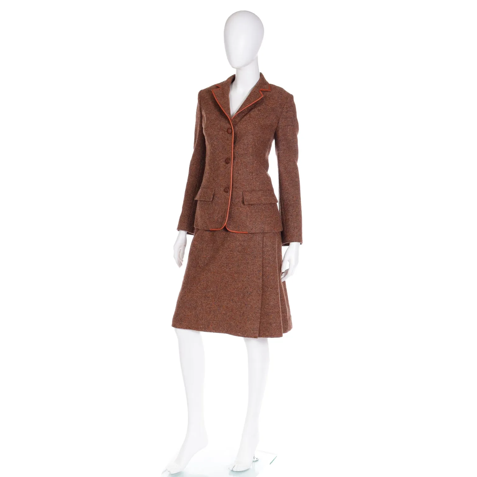 1970s Hermes Vintage Brown Tweed Jacket & Skirt Suit w Leather Trim