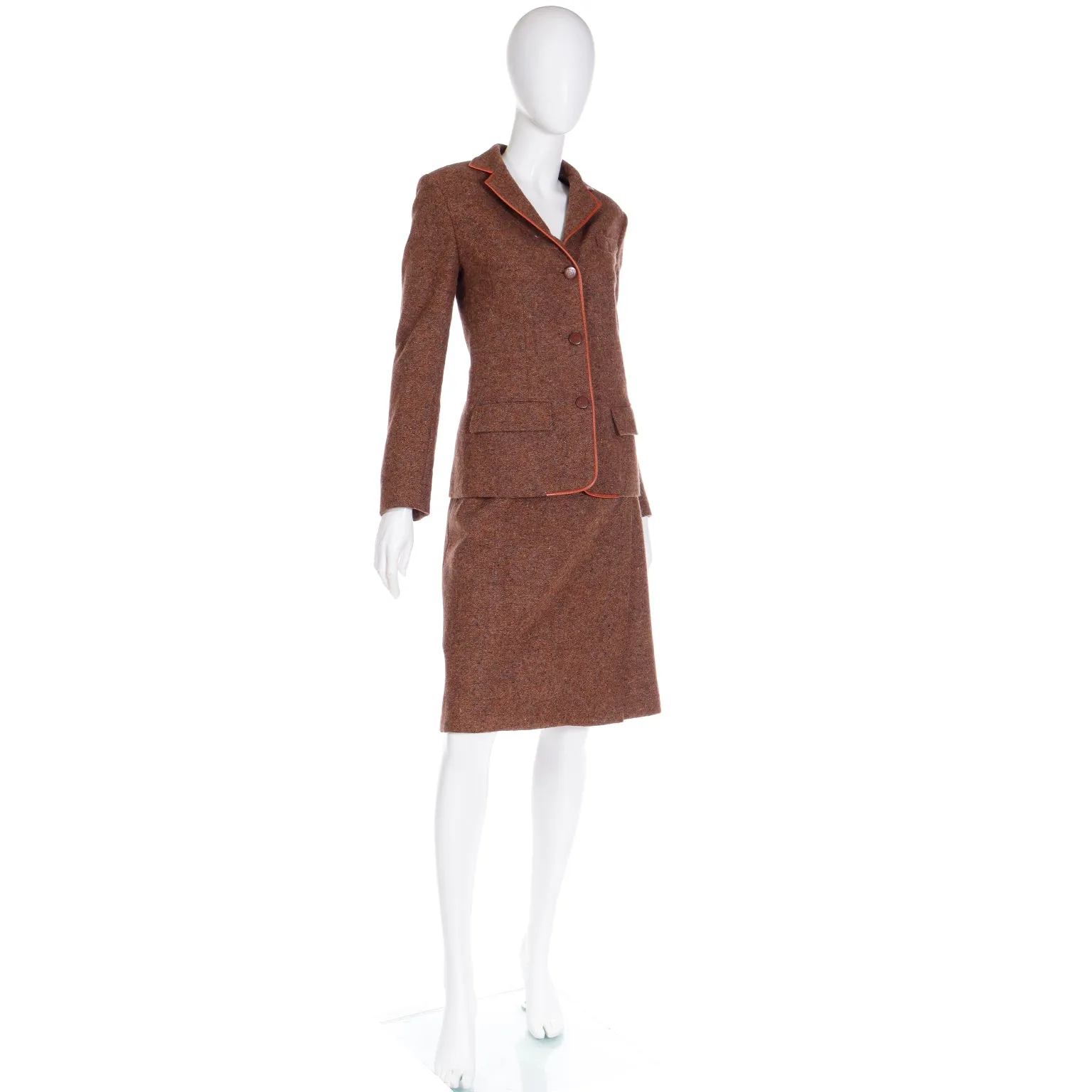 1970s Hermes Vintage Brown Tweed Jacket & Skirt Suit w Leather Trim