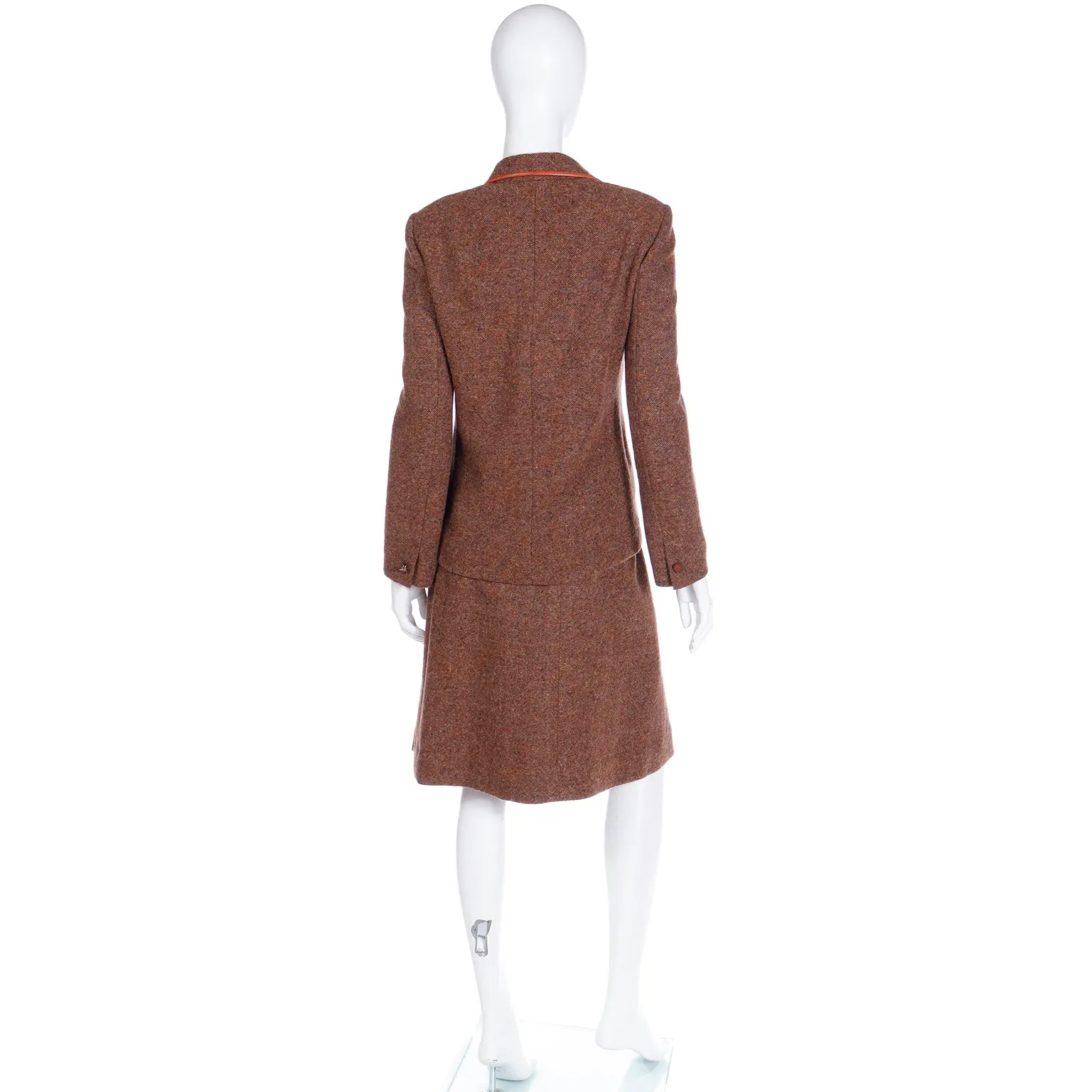 1970s Hermes Vintage Brown Tweed Jacket & Skirt Suit w Leather Trim