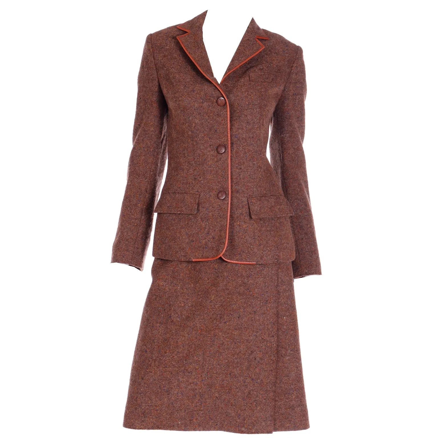 1970s Hermes Vintage Brown Tweed Jacket & Skirt Suit w Leather Trim