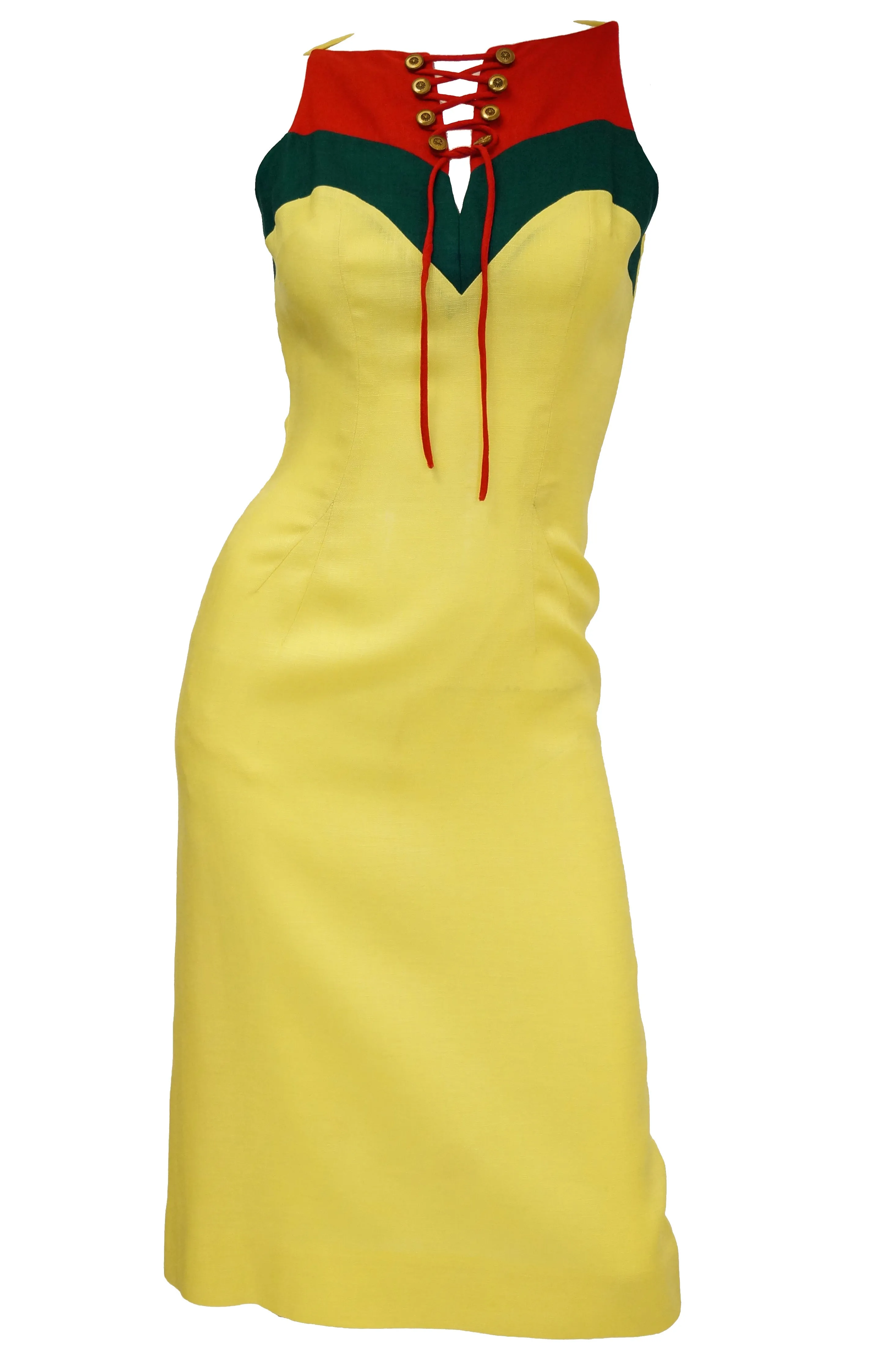 1970s Oleg Cassini Lace Up Color Blocked Sheath Dress