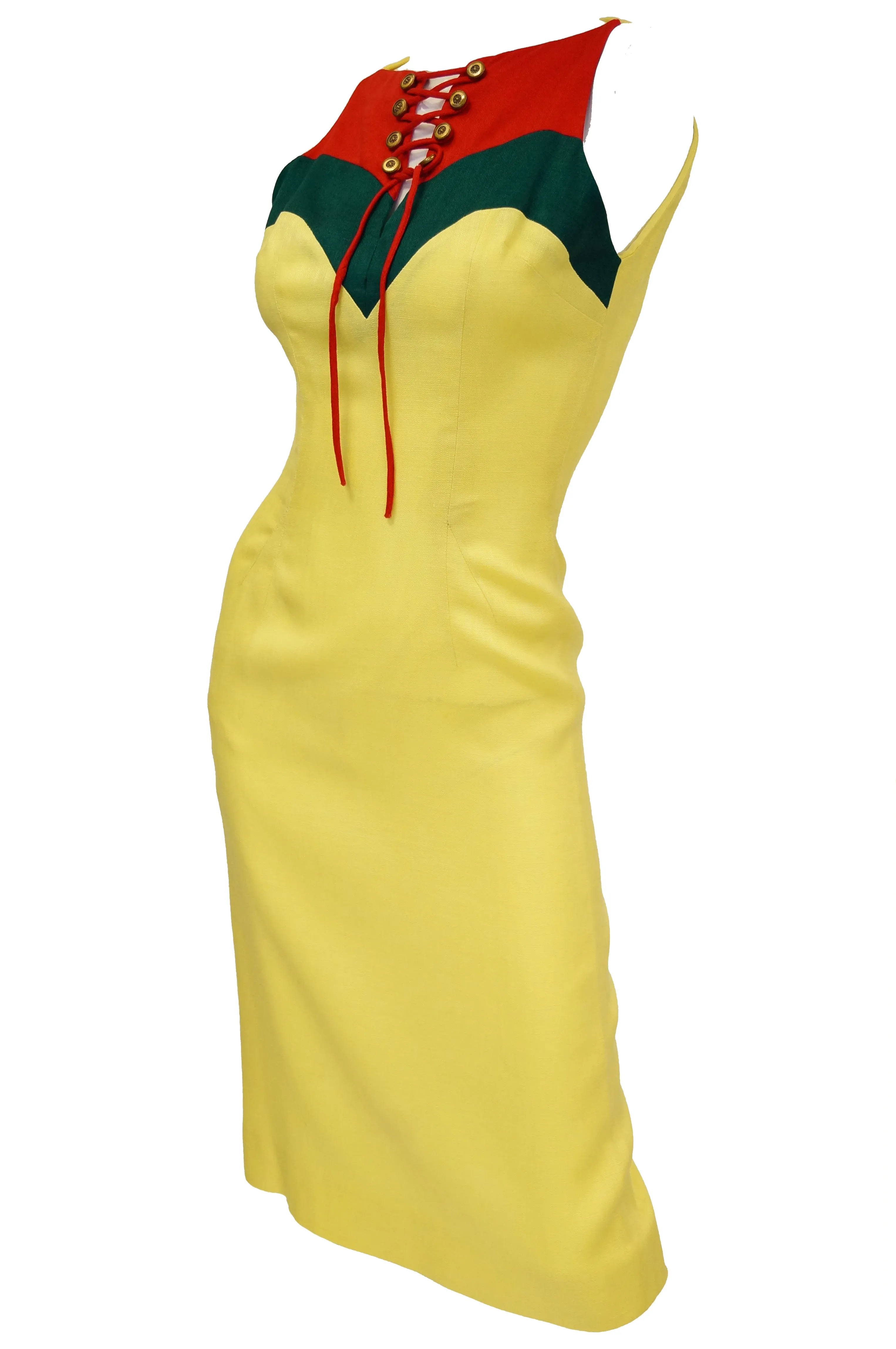 1970s Oleg Cassini Lace Up Color Blocked Sheath Dress