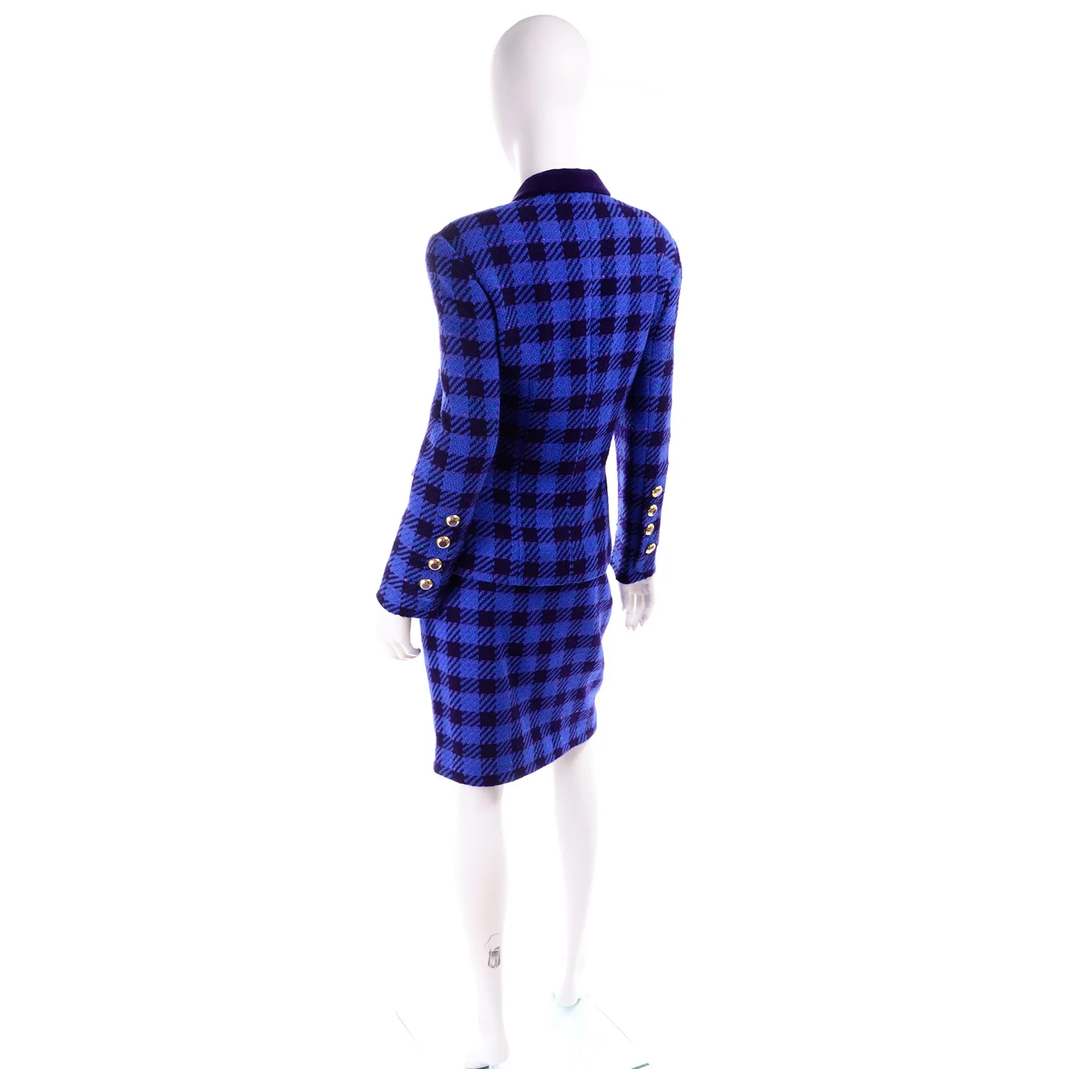 1980s Escada Margaretha Ley Blue Plaid Skirt Suit w Purple Velvet Trim