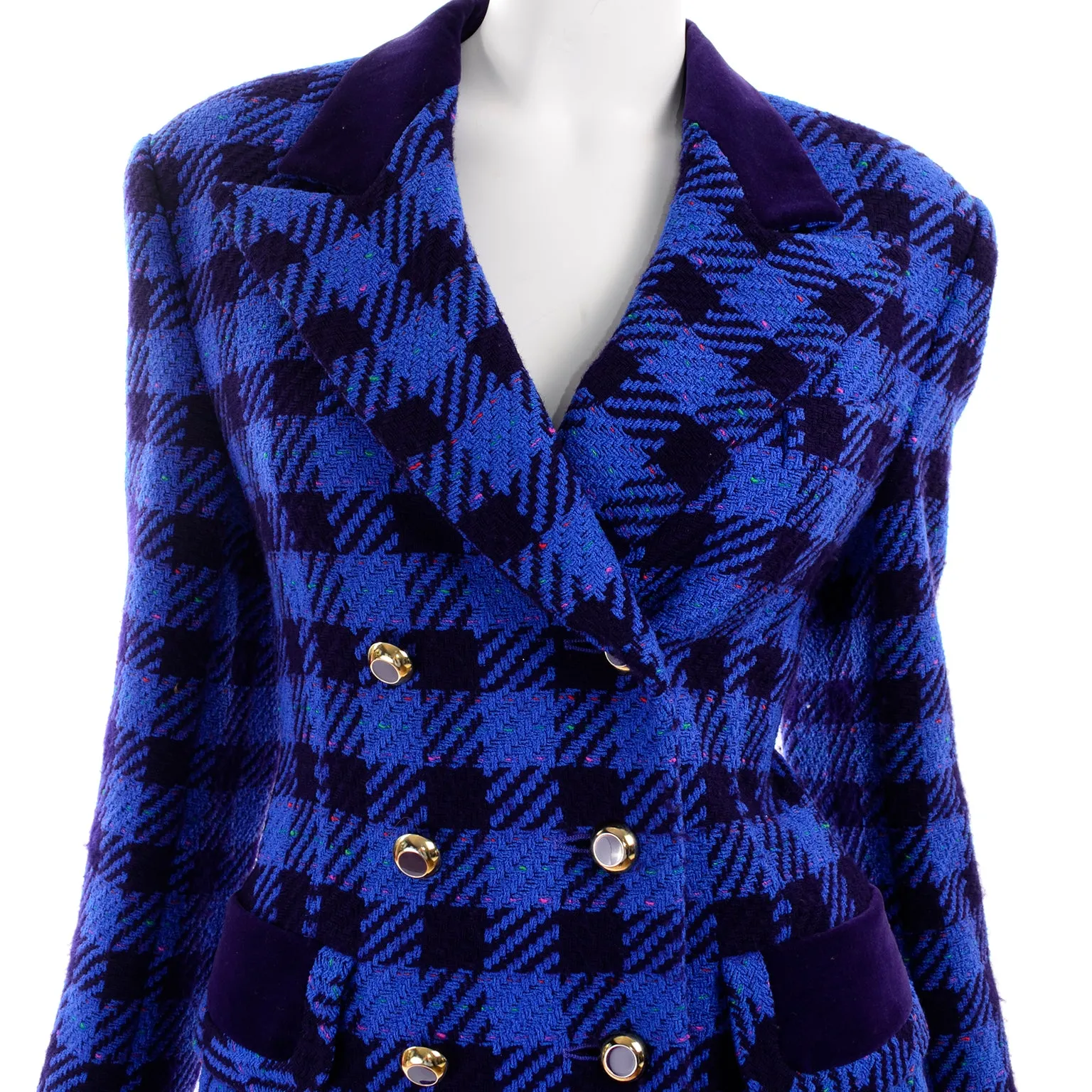 1980s Escada Margaretha Ley Blue Plaid Skirt Suit w Purple Velvet Trim