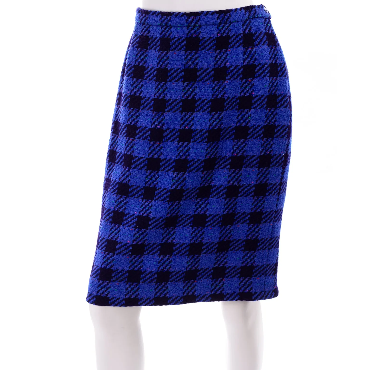 1980s Escada Margaretha Ley Blue Plaid Skirt Suit w Purple Velvet Trim