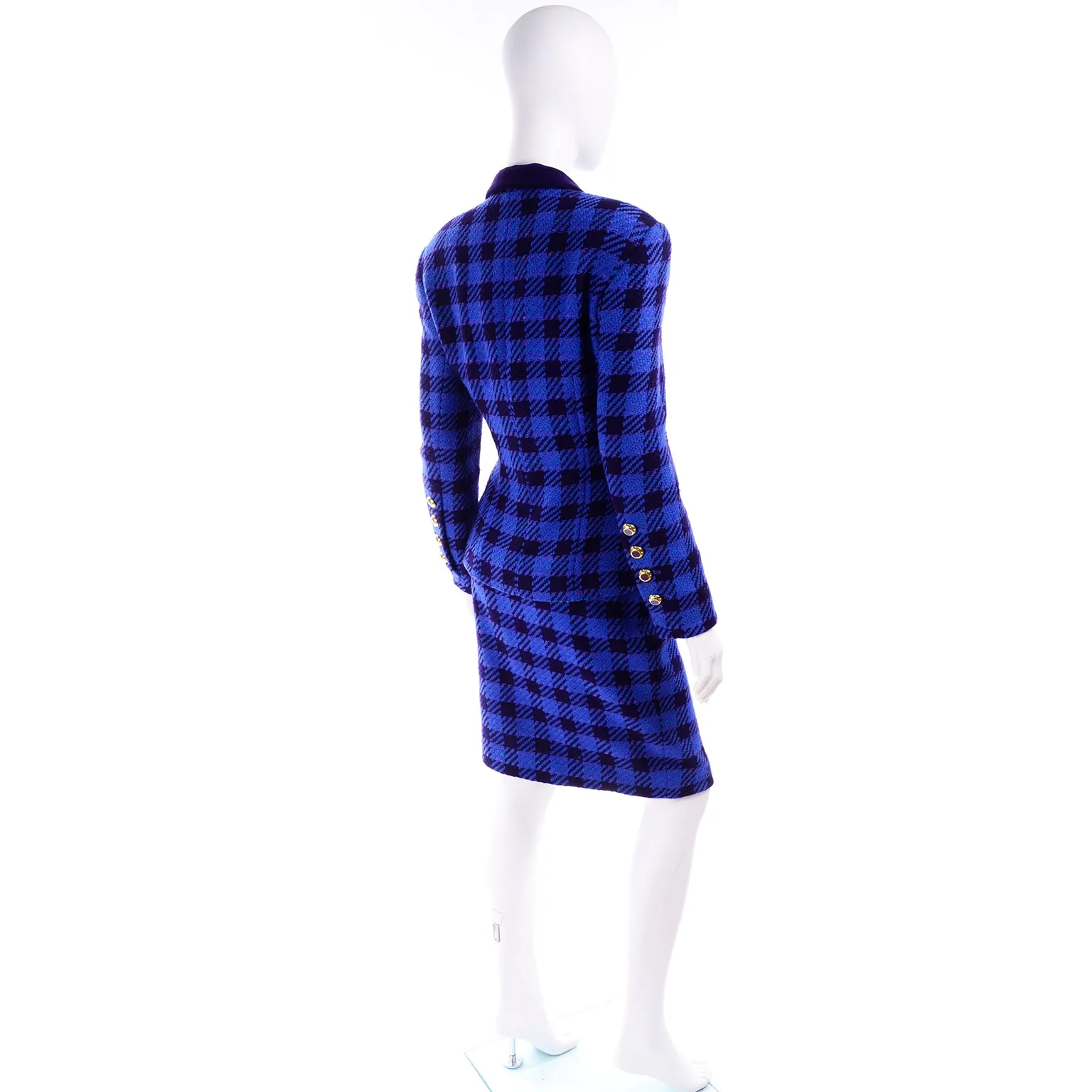 1980s Escada Margaretha Ley Blue Plaid Skirt Suit w Purple Velvet Trim