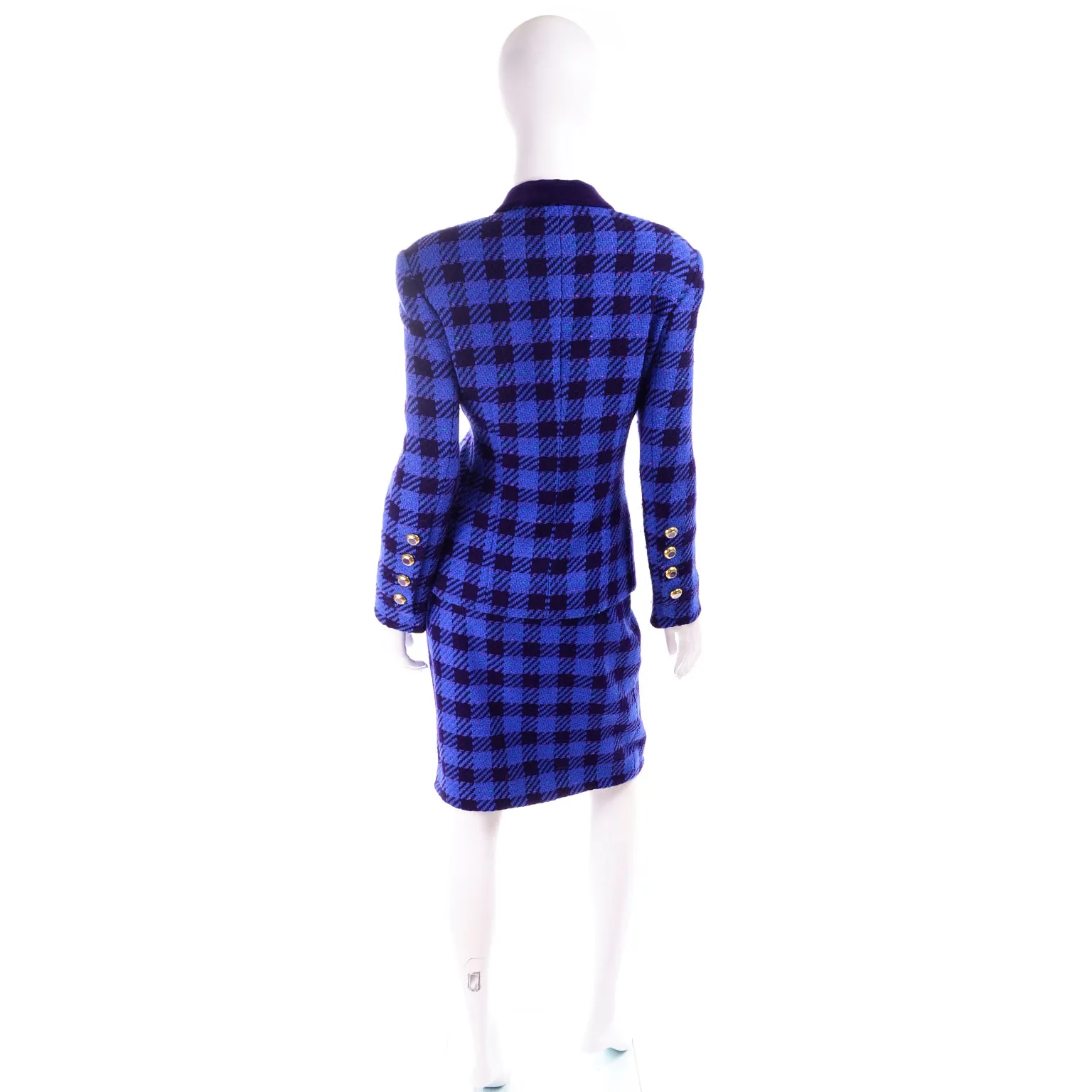 1980s Escada Margaretha Ley Blue Plaid Skirt Suit w Purple Velvet Trim