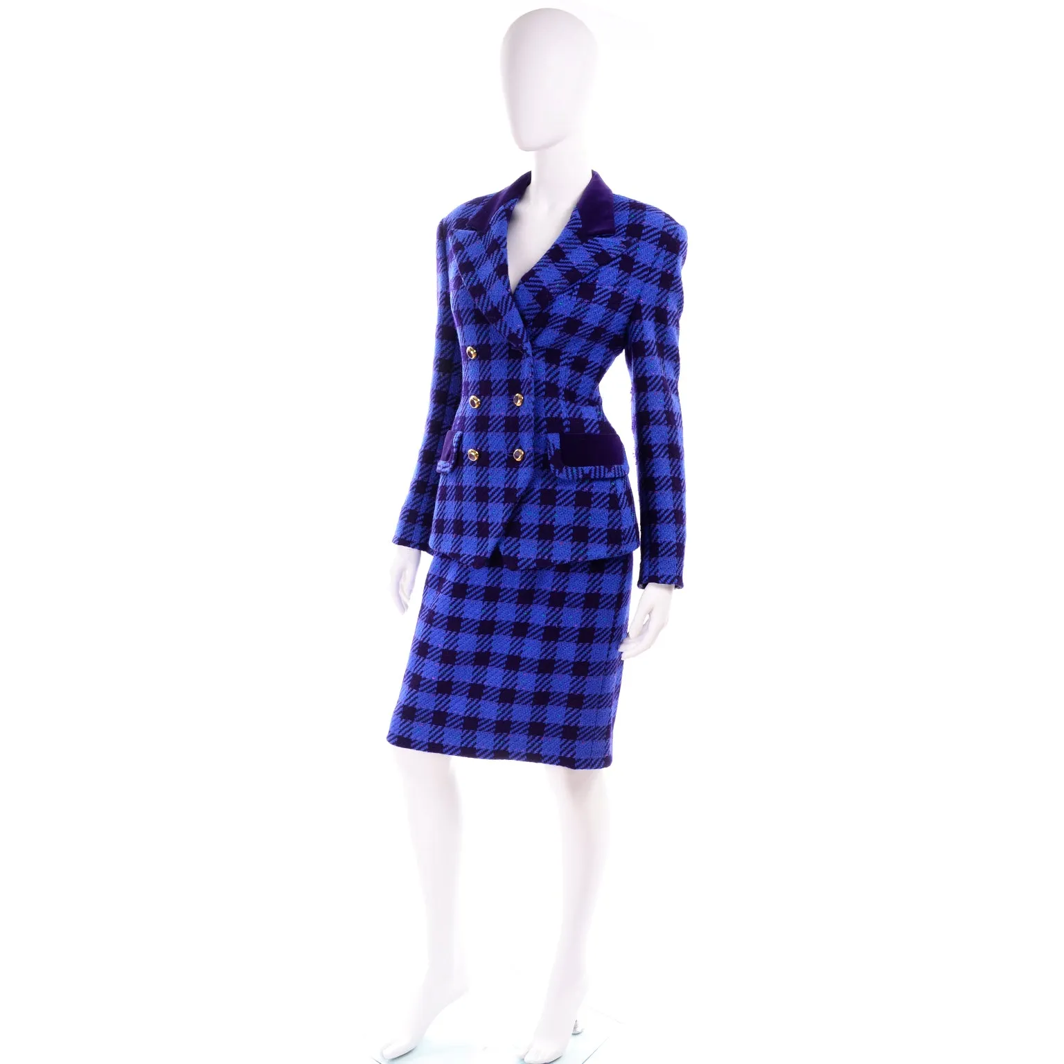 1980s Escada Margaretha Ley Blue Plaid Skirt Suit w Purple Velvet Trim