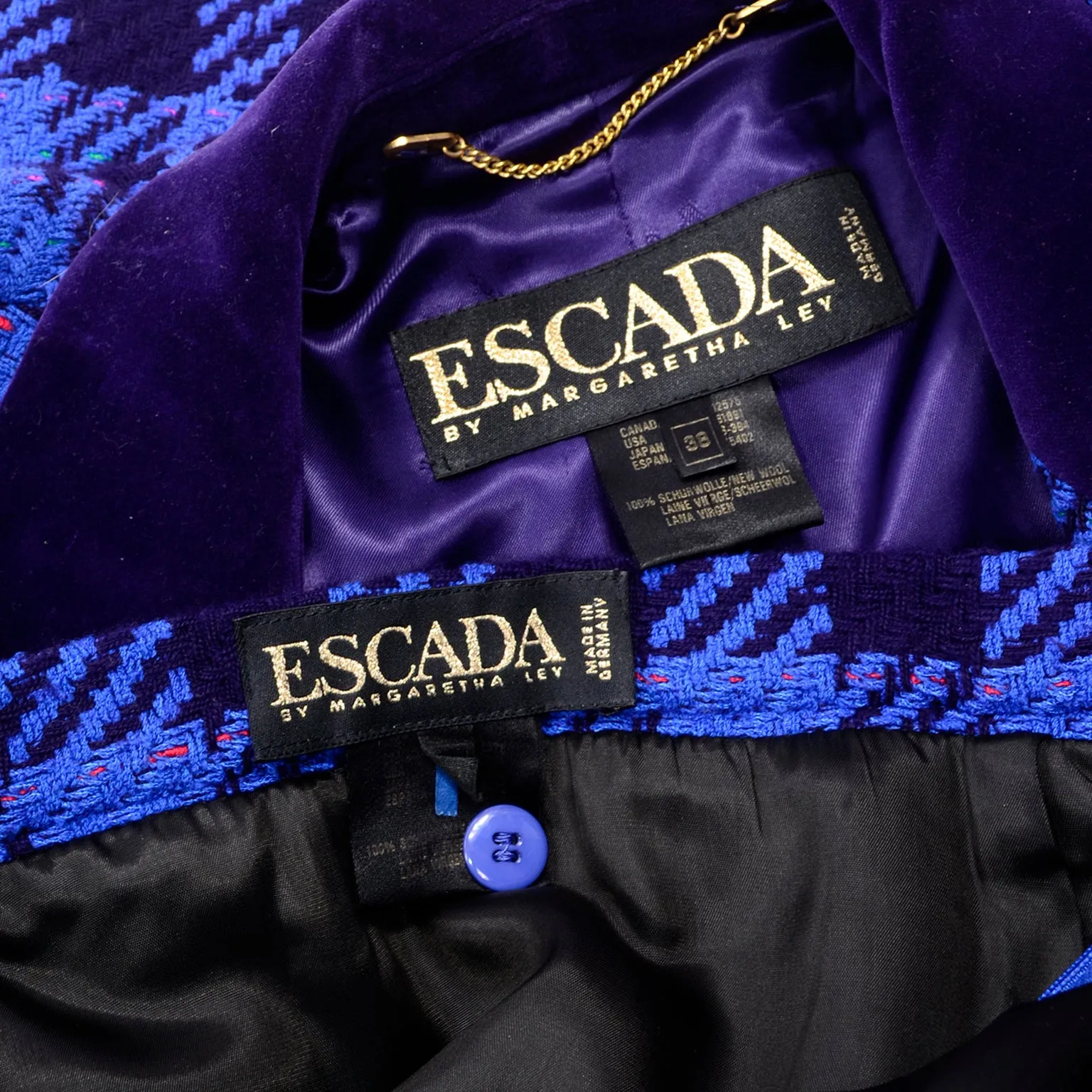 1980s Escada Margaretha Ley Blue Plaid Skirt Suit w Purple Velvet Trim