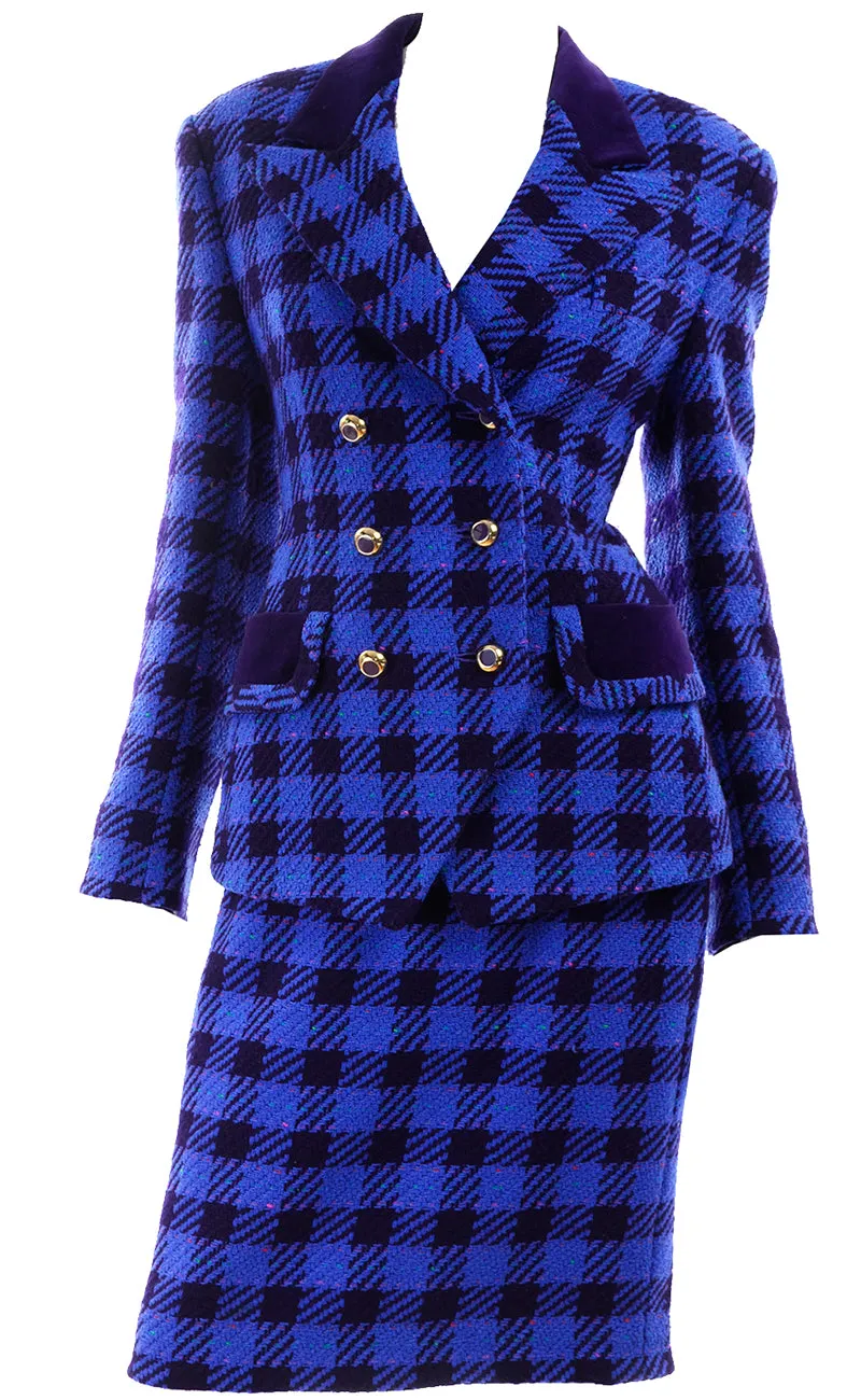 1980s Escada Margaretha Ley Blue Plaid Skirt Suit w Purple Velvet Trim