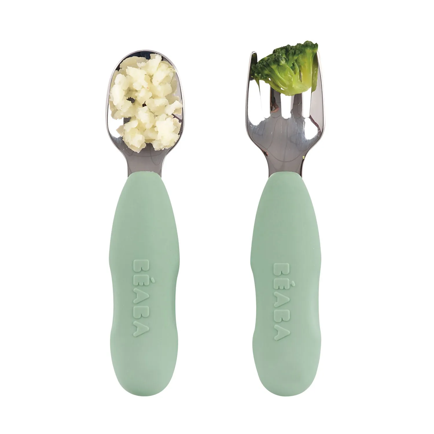 Beaba Set of 2 Stainless Steel Pre-Cutlery - Sage Green