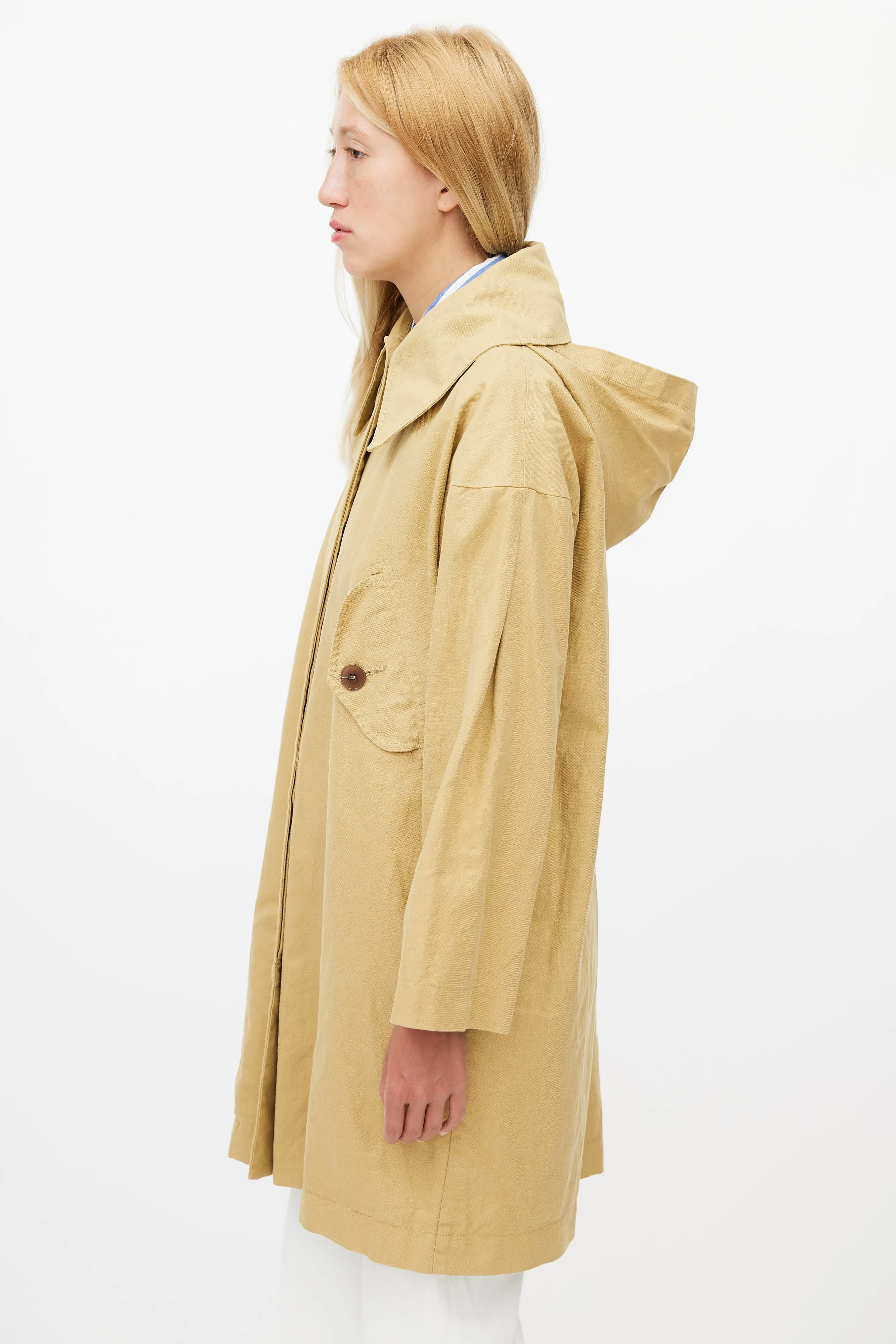 Beige Hooded Linen Trench Coat