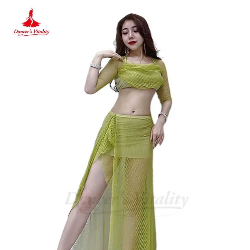 Belly Dance Costumes Mesh Half Sleeves Top hip Long Skirt 2pcs Oriental Training Suit Female Bellydance Performance Suit