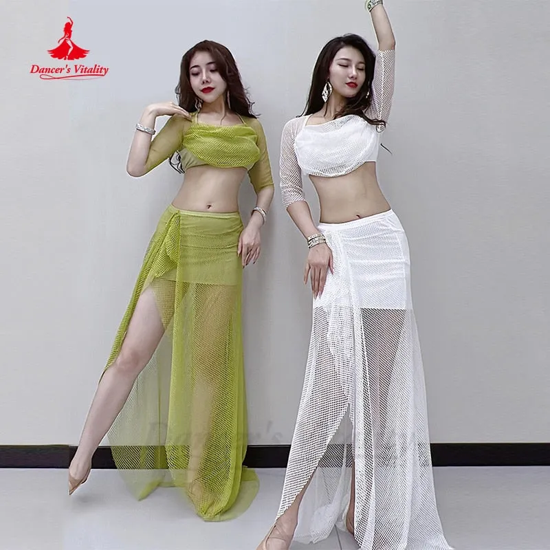 Belly Dance Costumes Mesh Half Sleeves Top hip Long Skirt 2pcs Oriental Training Suit Female Bellydance Performance Suit