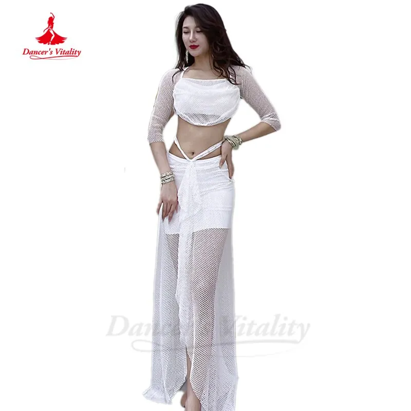 Belly Dance Costumes Mesh Half Sleeves Top hip Long Skirt 2pcs Oriental Training Suit Female Bellydance Performance Suit