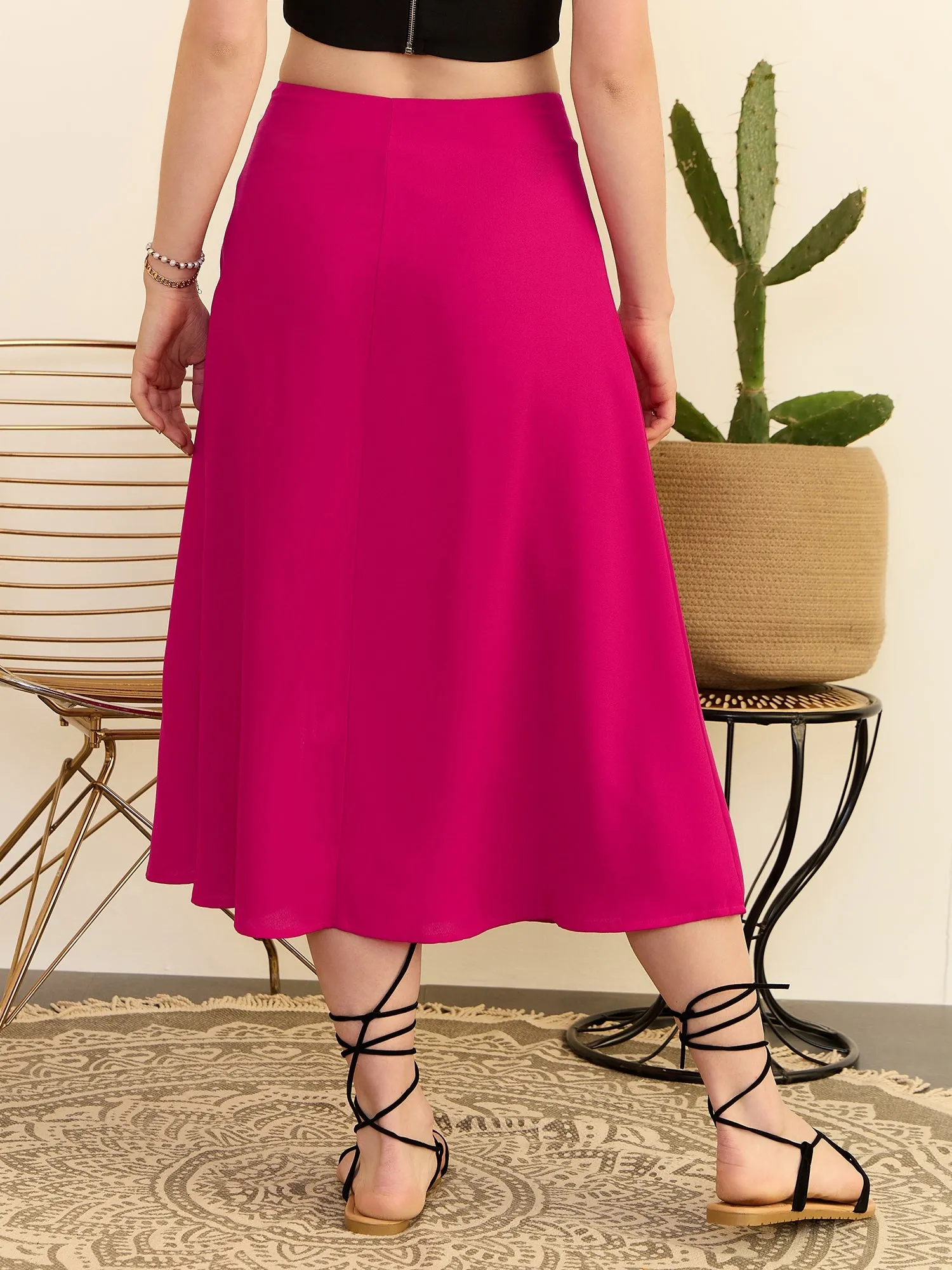 Berrylush Women Solid Pink High-Rise Waist Thigh-High Slit Zipper-Up Flared A-Line Midi Skirt