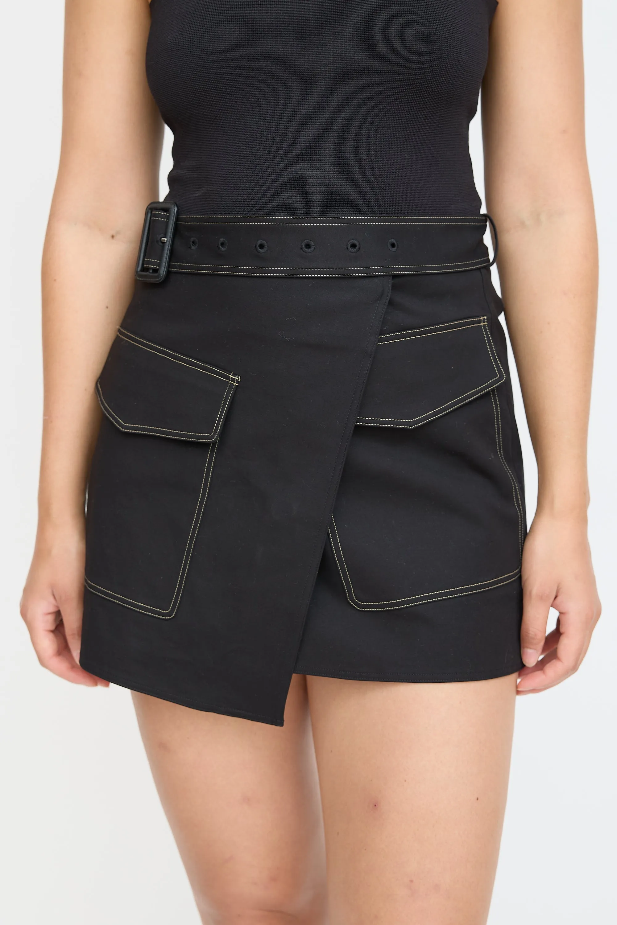 Black Constrast Stitch Belted Skirt