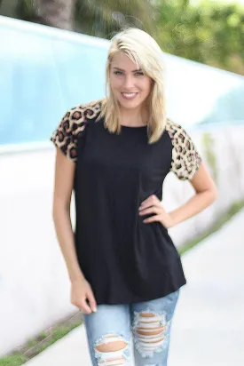 Black Cute Top With Short Leopard Sleeves