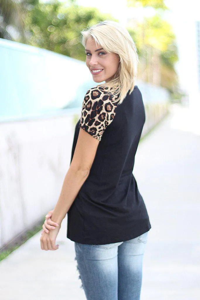 Black Cute Top With Short Leopard Sleeves