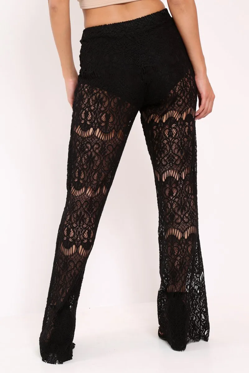 Black Lace High Waist Wide Leg Trousers - Adaline