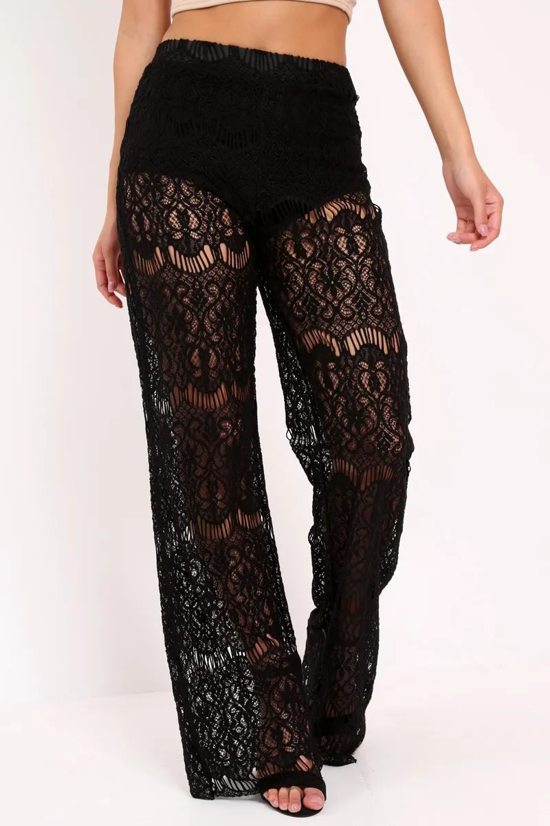 Black Lace High Waist Wide Leg Trousers - Adaline