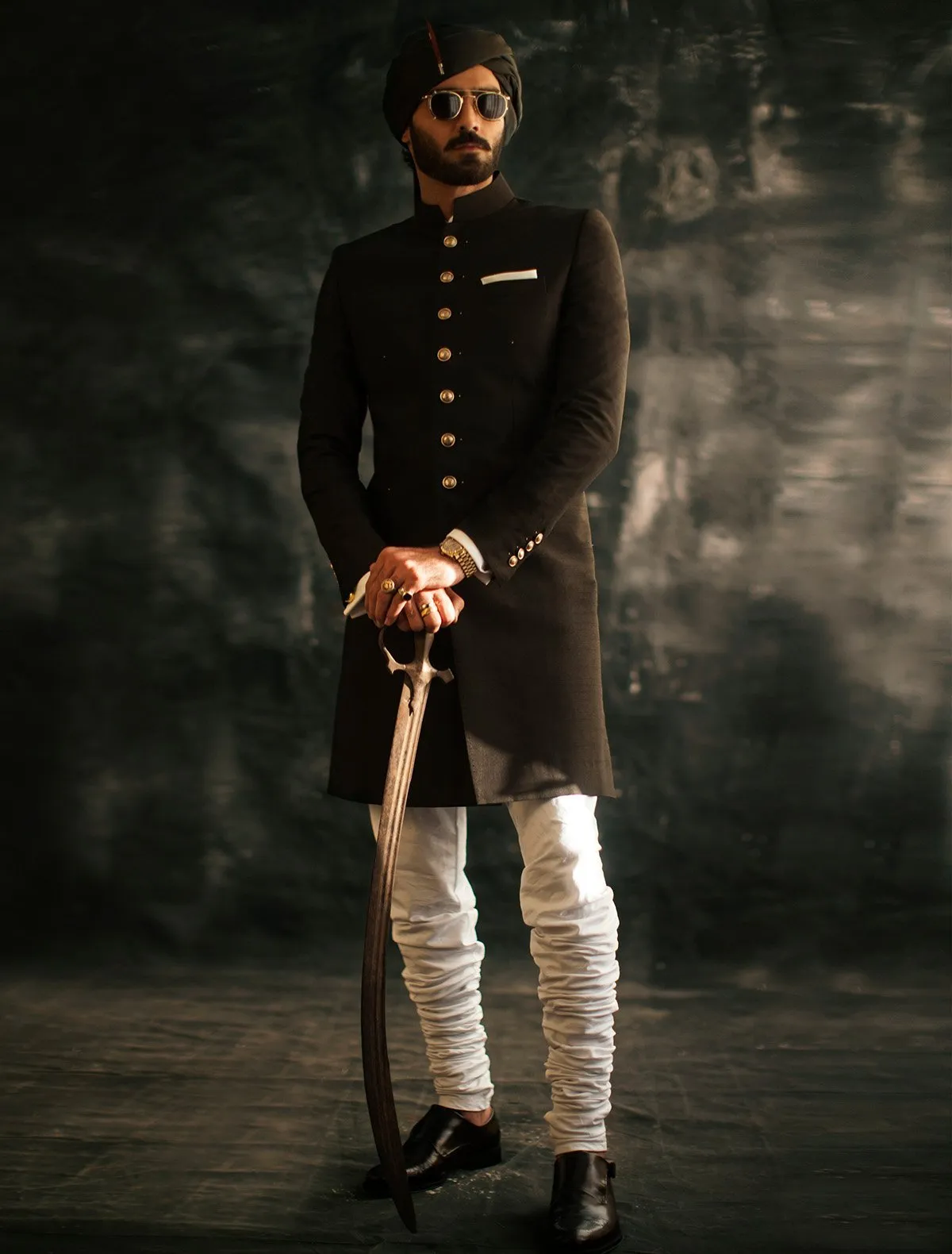 BLACK RAW SILK SHORT LENGTH SHERWANI