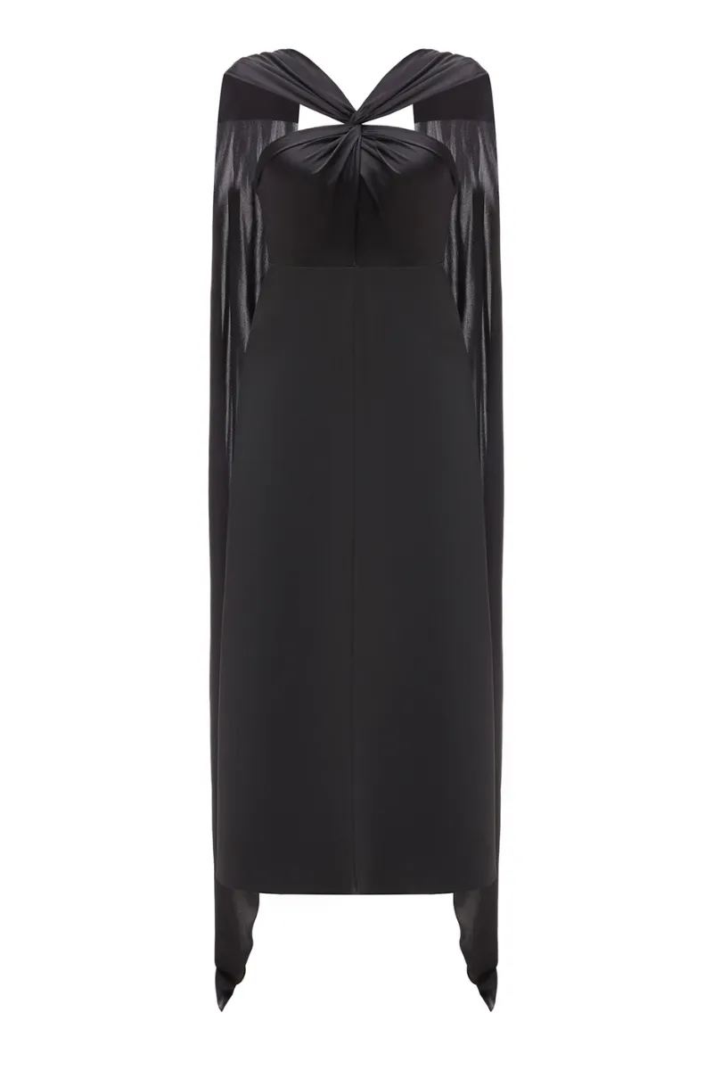 BLACK SILK AND WOOL MIDI DRESS