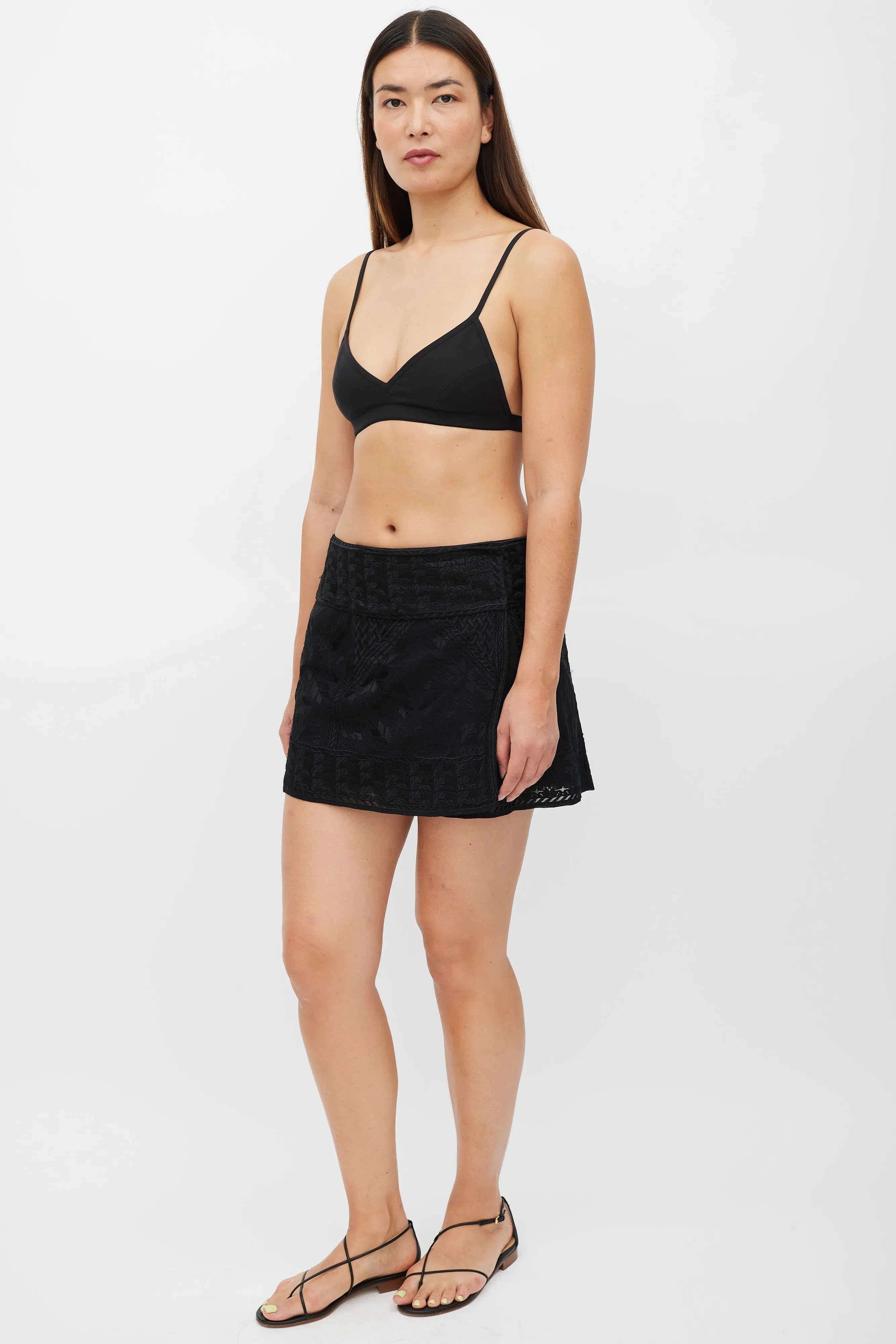 Black Silk Embroidered Mini Skirt