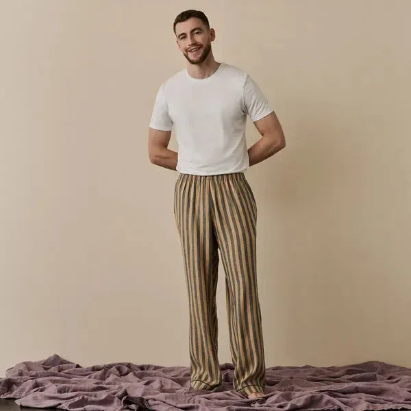 Blue & Porcini Striped Tencel Linen Blend Men's Pyjama Trouser