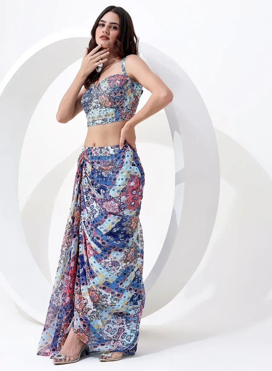 Blue Multi Color Digital Print Crop Top with Dhoti Style Bottom and Jacket Style Dupatta.