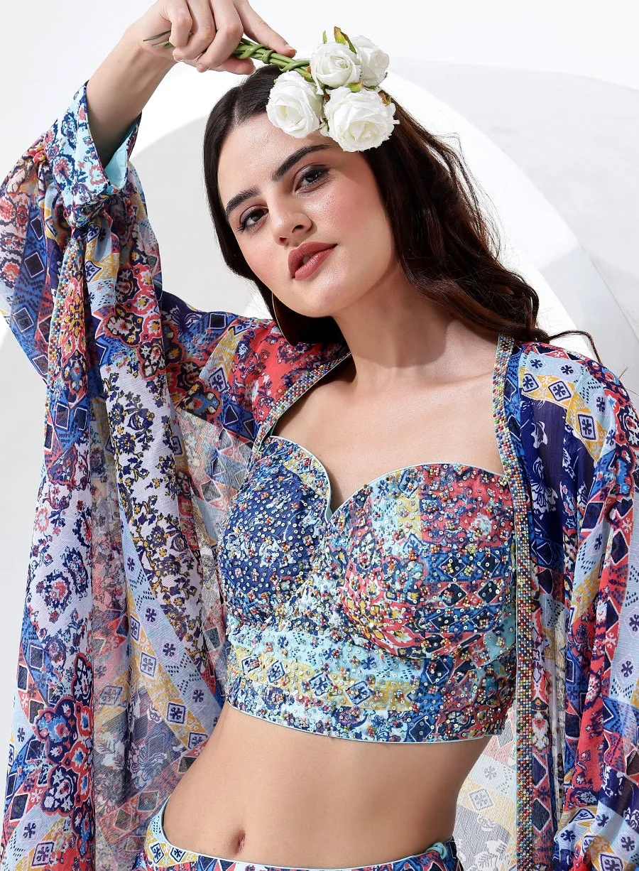 Blue Multi Color Digital Print Crop Top with Dhoti Style Bottom and Jacket Style Dupatta.