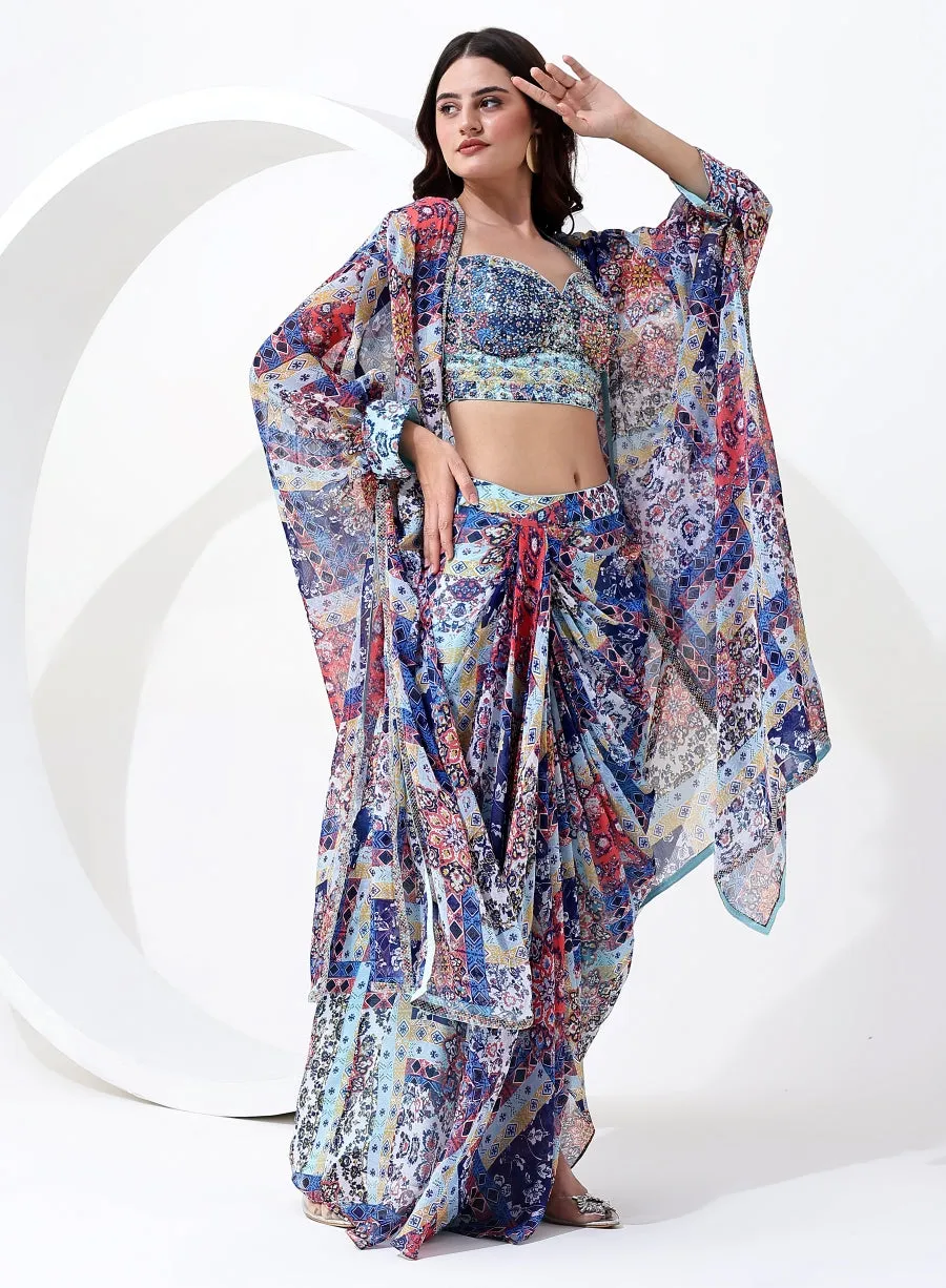 Blue Multi Color Digital Print Crop Top with Dhoti Style Bottom and Jacket Style Dupatta.