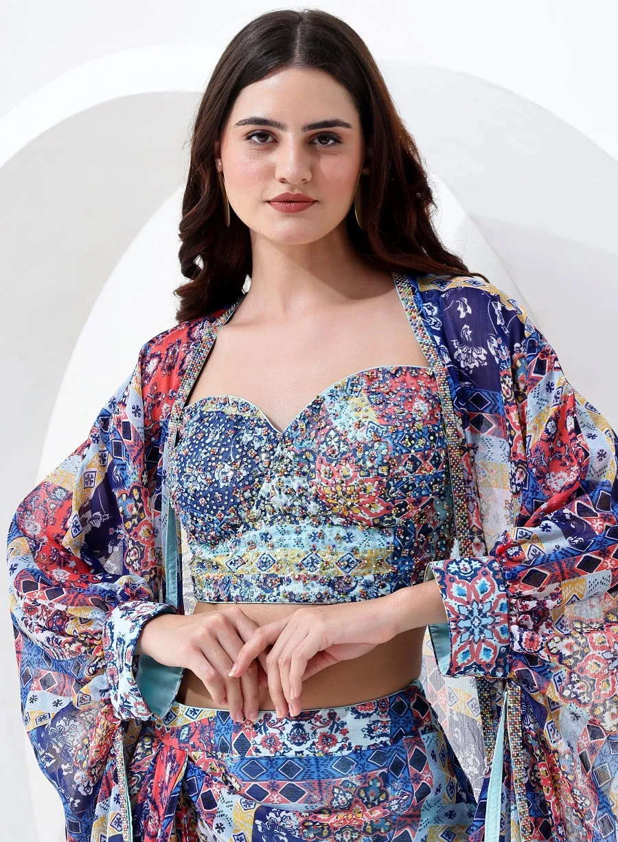 Blue Multi Color Digital Print Crop Top with Dhoti Style Bottom and Jacket Style Dupatta.