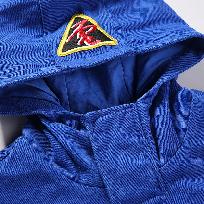 Blue Raw Edge Print Embroidery Hooded Trench Coat