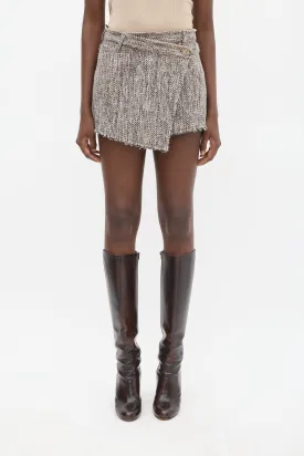 Brown Wool & Cotton Tweed Wrap Mini Skirt