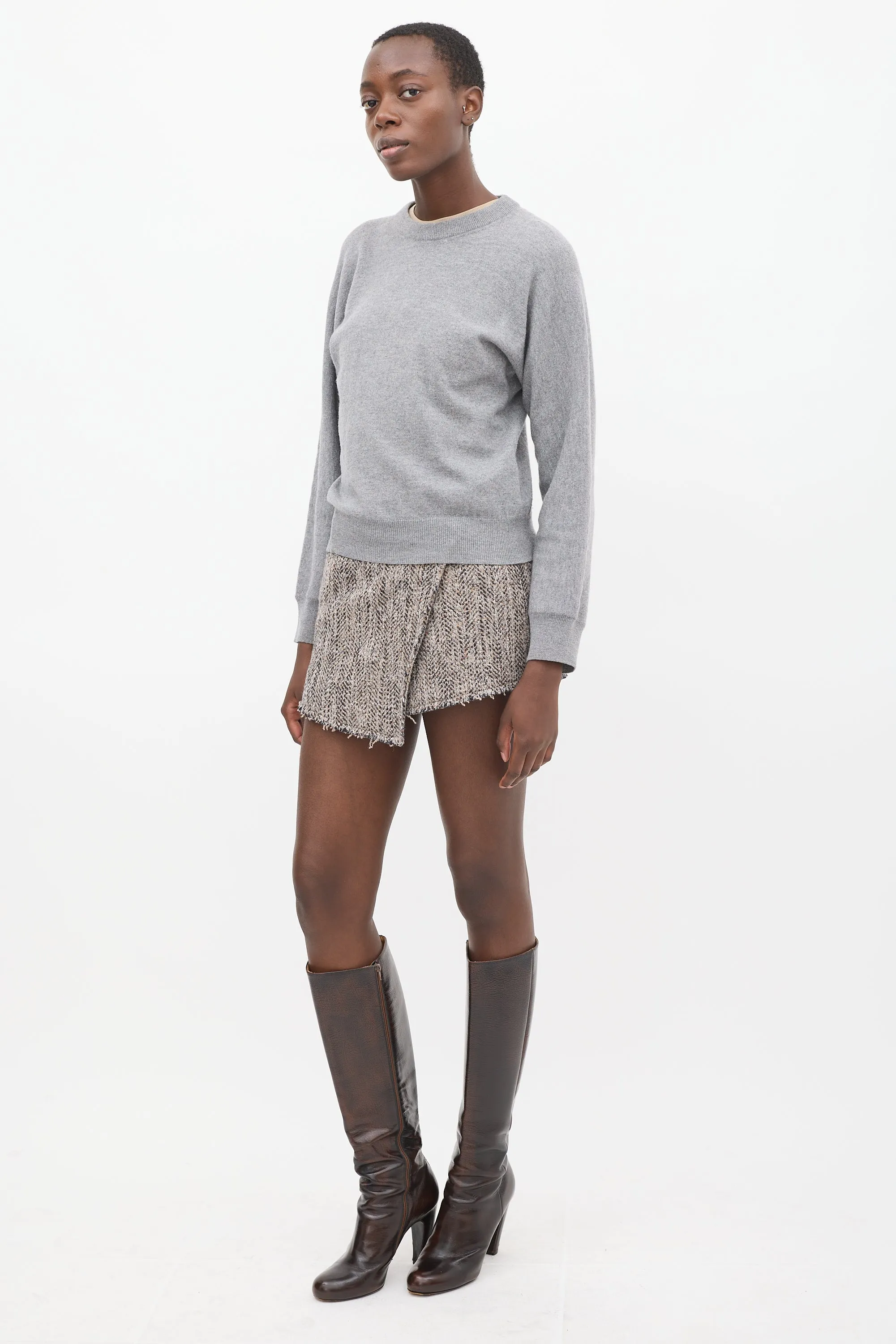 Brown Wool & Cotton Tweed Wrap Mini Skirt