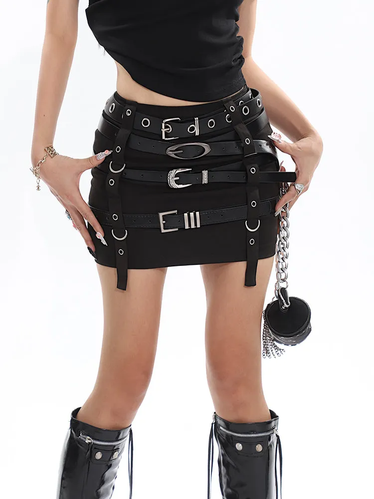 Cairy Solid Color Black Dark Punk Skinny Multi Belt Straps Hip Wrap Mini Skirt