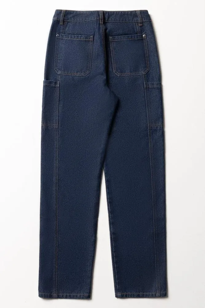 Cargo Straight Leg Denim Jeans Dark Blue