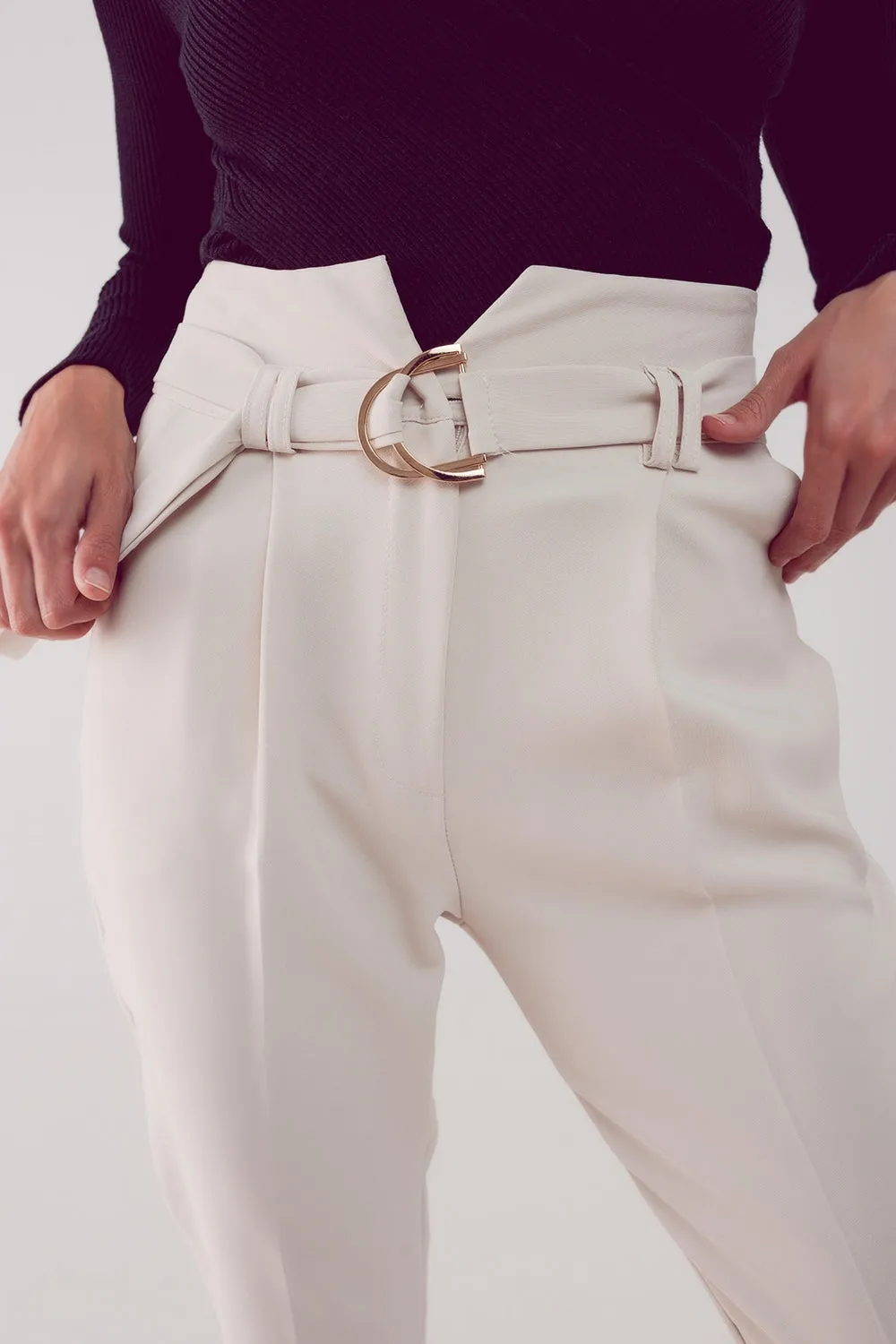 Cigarette Pants With Paper-Bag Waist in Cream