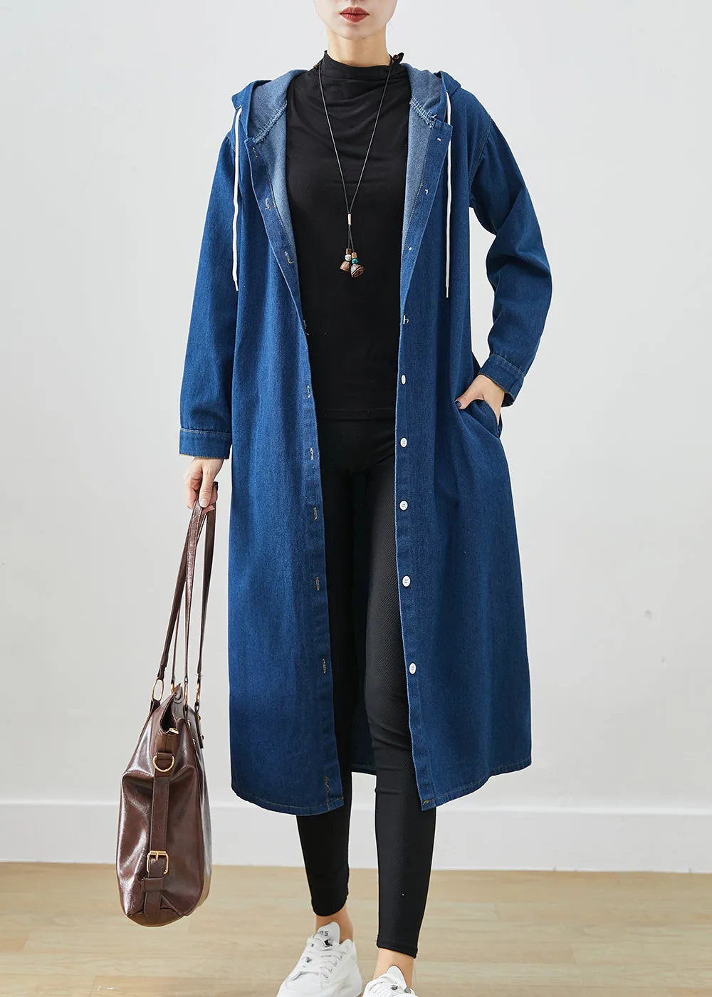 Classy Navy Hooded Drawstring Denim Coat Outwear Fall ML2416