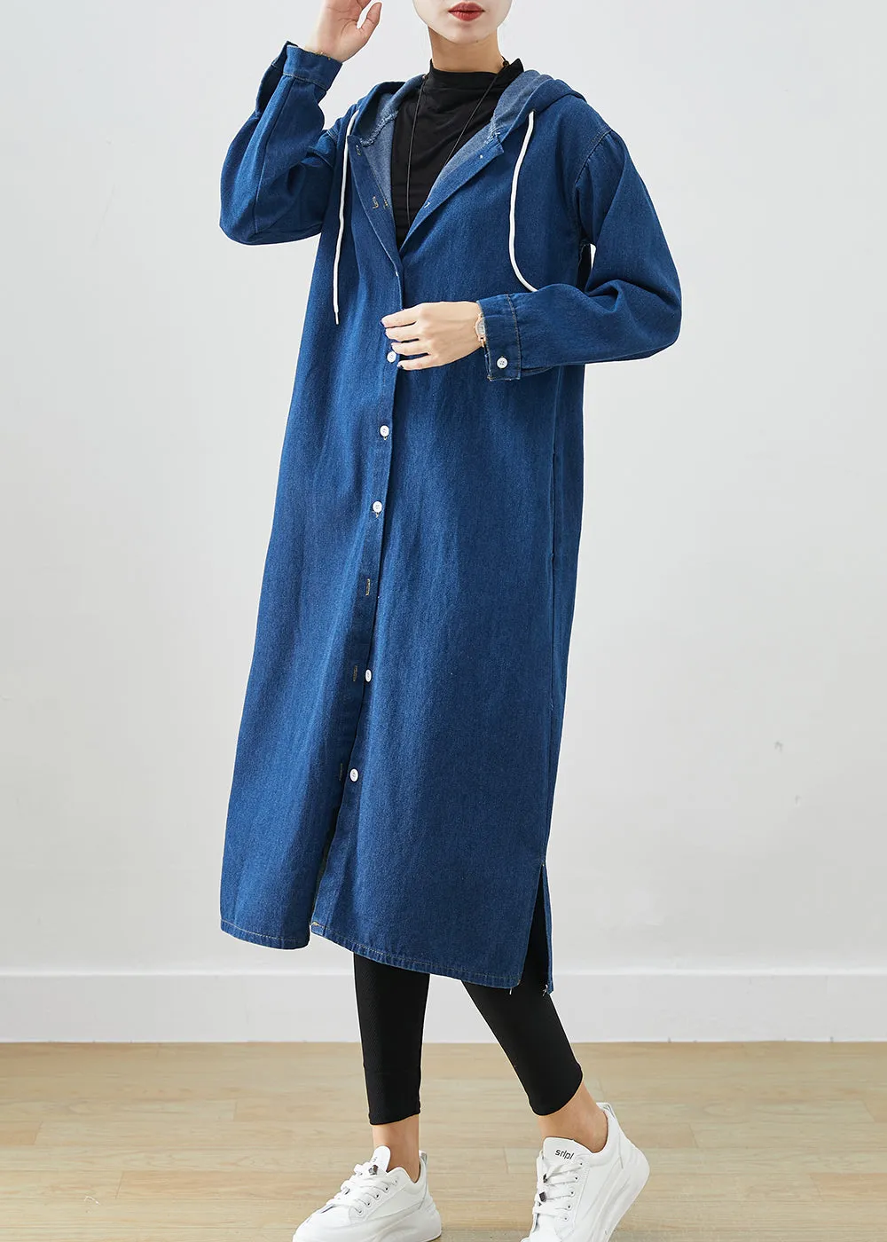 Classy Navy Hooded Drawstring Denim Coat Outwear Fall ML2416