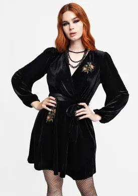 Cleome Floral Spiderweb Embroidered Velour Faux Wrap Mini Dress