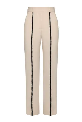 CREAM FUZZY DETAILS STRAIGHT LEG PANTS