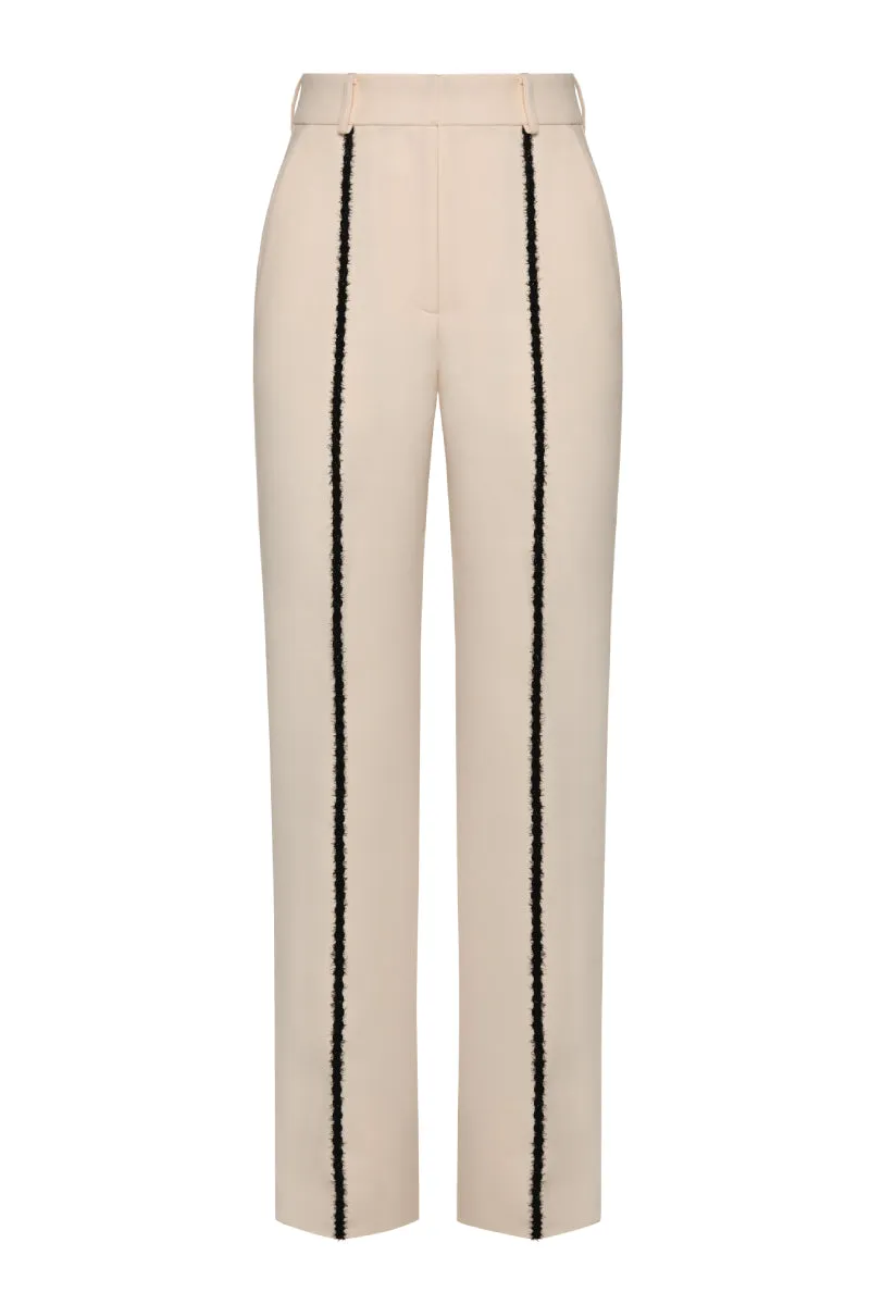 CREAM FUZZY DETAILS STRAIGHT LEG PANTS