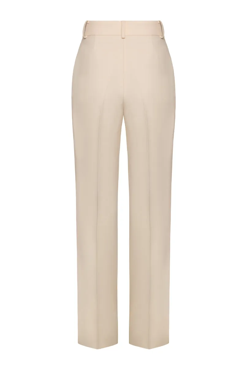 CREAM FUZZY DETAILS STRAIGHT LEG PANTS