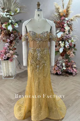 Custom Gold Beaded Sequined Off Shoulder Corset Mermaid Prom Dress