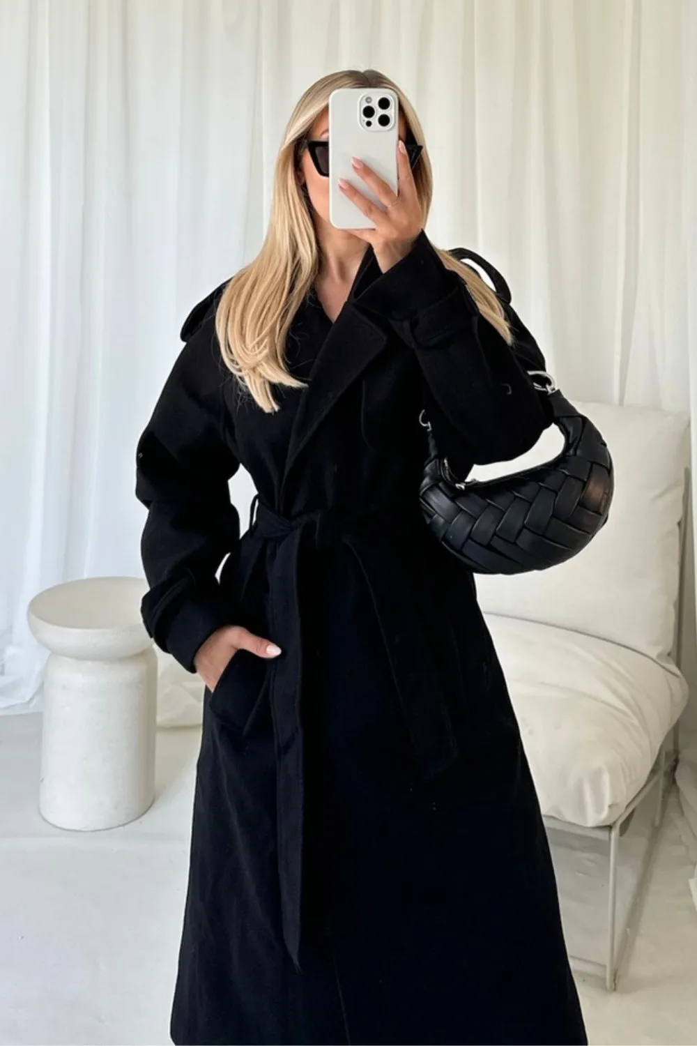 Darla black long trench coat