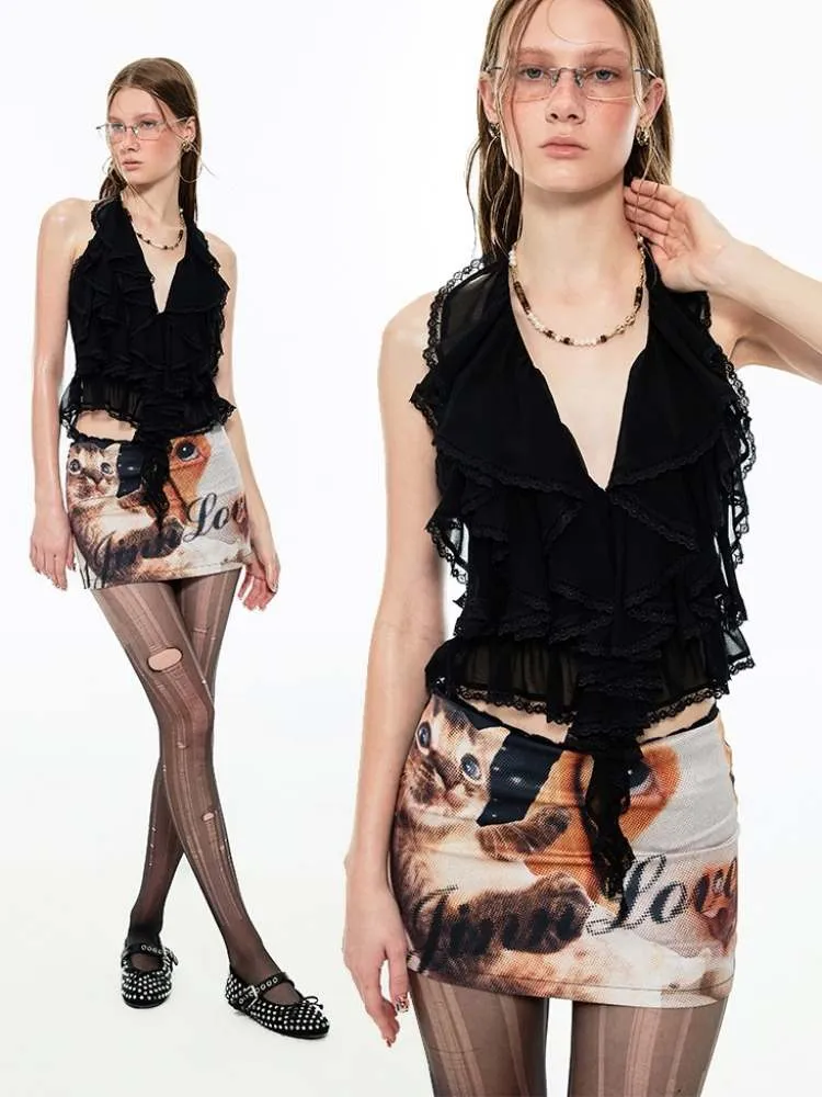 Dog & Cat Print Hip Hug Tight Mini Skirt【s0000009163】